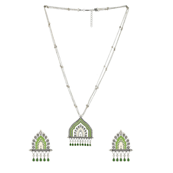 Women's Festive Hues Green Gems Adorned Enamelled Silver Plated Jewellery Set - Voylla