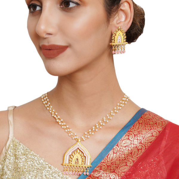 Women's Festive Hues Ethnic Enamelled Faux Pearls Gold Toned Jewellery Set - Voylla