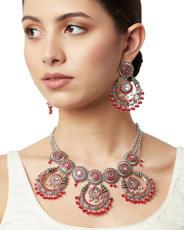 Women's Festive Hues Enamelled Faux Pearls Adorned Silver Oxidised Jewellery Set - Voylla