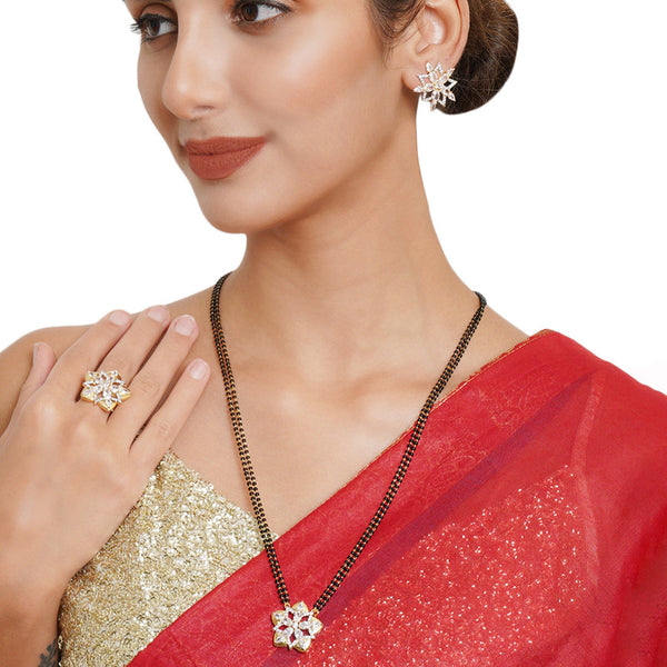 Women's Sparkling Mangalsutra Necklace Set With Starry Floral Motifs - Voylla