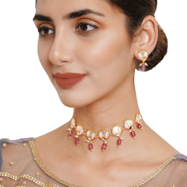 Women's Festive Hues Floral Mirror Work Brass Gold Plated Jewellery Set - Voylla