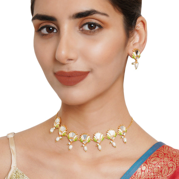 Women's Festive Hues Floral Motifs Gold Plated Brass Mirrored Jewellery Set - Voylla