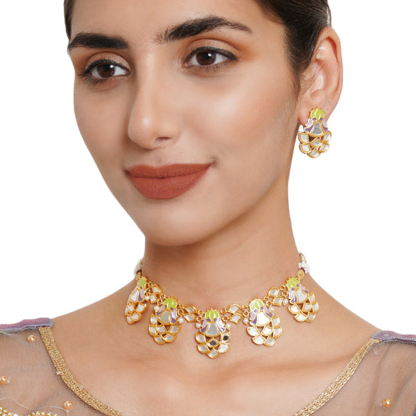 Women's Festive Hues Enamelled Mirror Details Gold Plated Choker Jewellery Set - Voylla