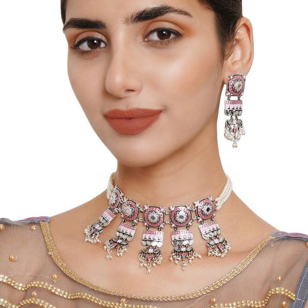 Women's Festive Hues Pink Enamel Faux Pearls Brass Silver Plated Jewellery Set - Voylla