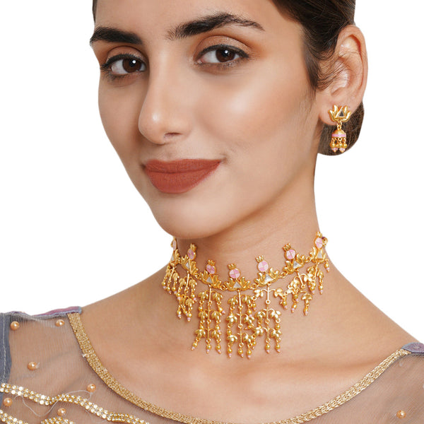 Women's Festive Hues Brass Embellished Long Fusion Pink Necklace Set - Voylla