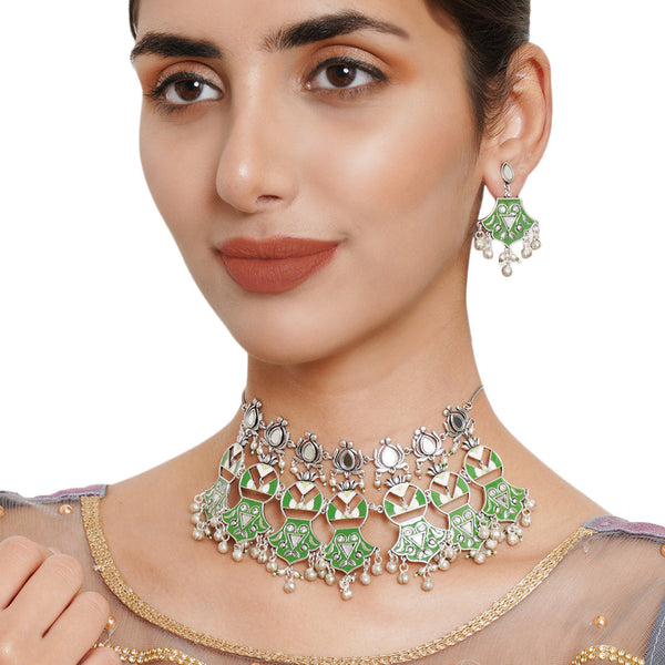 Women's Unique Green Festive Hues Lotus Motif Choker Necklace Set - Voylla