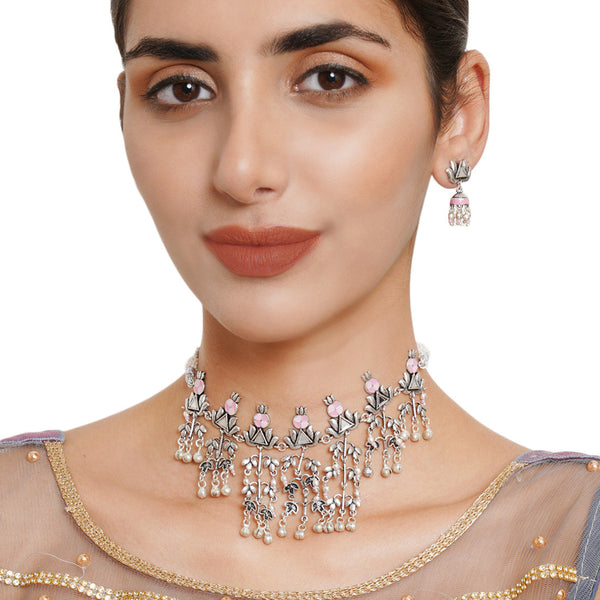 Women's Festive Hues Silver Plated Long Fusion Pink Necklace Set - Voylla