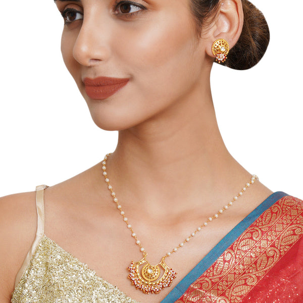 Women's Festive Hues Long Gold Plated Jewellery Set In Pearl Chain - Voylla