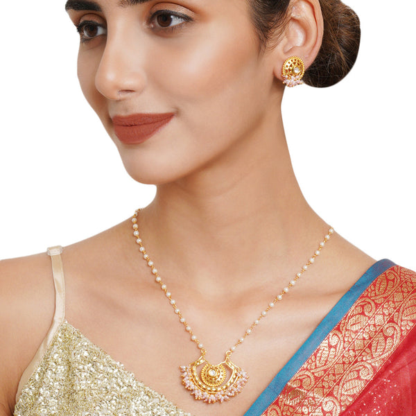 Women's Festive Hues Long Gold Plated Jewellery Set In Pastel Pearl Chain - Voylla