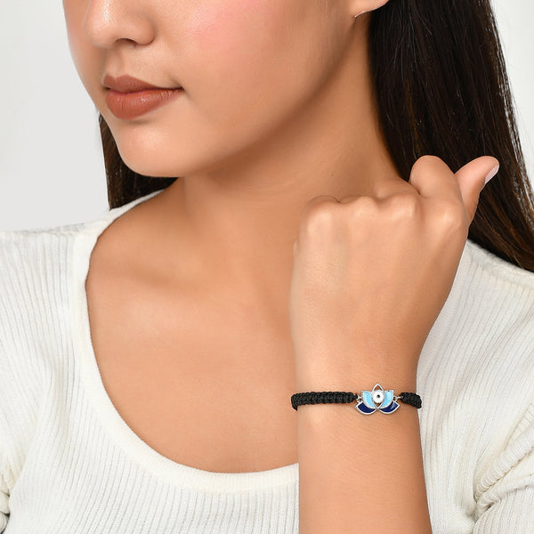 Women's Evil Eye Lotus Motif Silver Oxidized Bracelet - Voylla