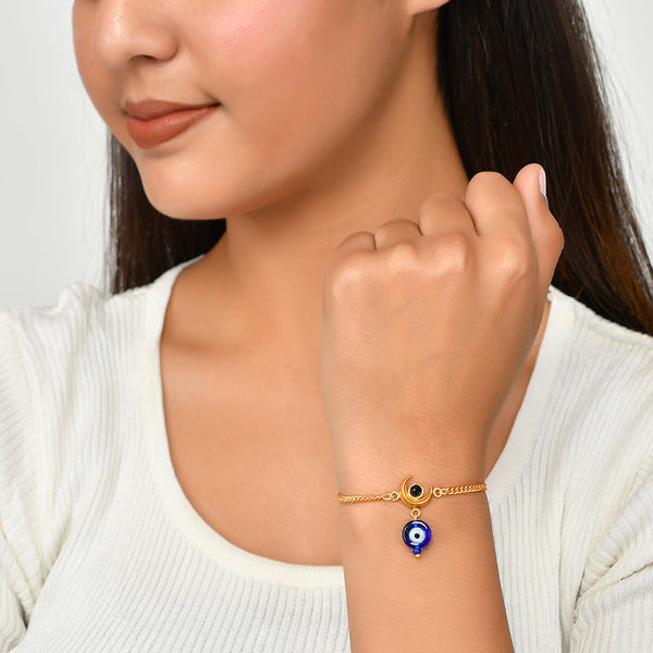 Women's Evil Eye Gold Shiva Moon With Hanging Bead Bracelet - Voylla