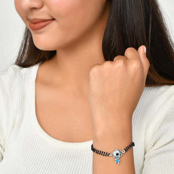 Women's Evil Eye Black Bead Chain Silver Oxidized Bracelet - Voylla