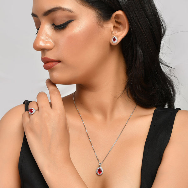 Women's Sparkling Essentials Red Teardrop Cut Cz Box Set - Voylla