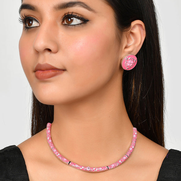 Women's Enameled Elegance Pink Silver Oxidized Necklace Set - Voylla