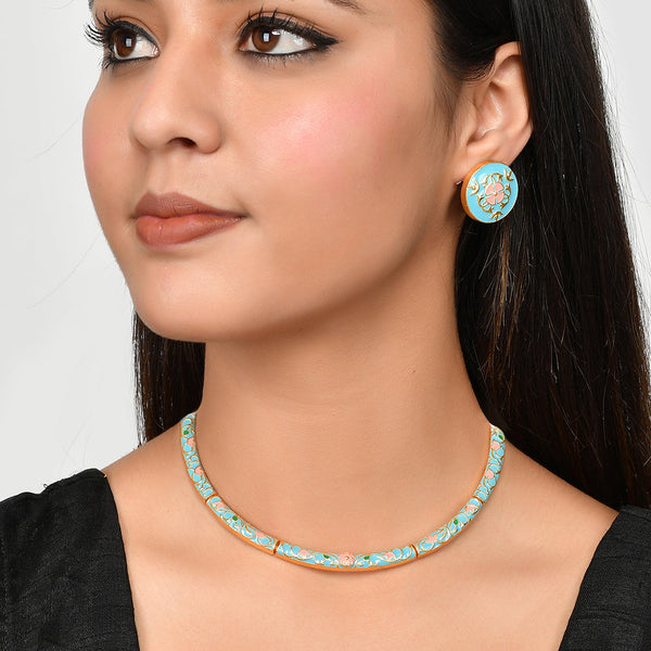 Women's Enameled Elegance Silver Oxidized Blue Necklace Set - Voylla