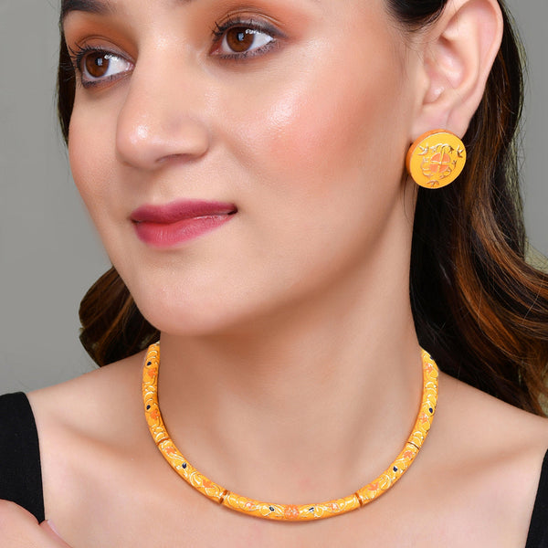 Women's Enameled Elegance Orange Floral Gold-Plated Necklace Set - Voylla