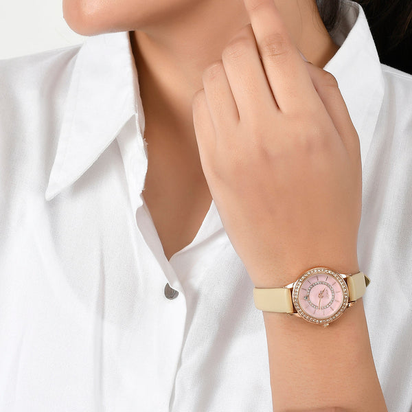 Voylla Gem Studded Pink Dial Watch - Voylla