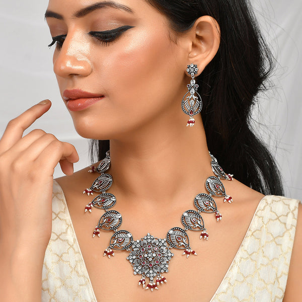 Women's Abharan Filigree Pearls And Stones Embellished Silver Plated Jewellery Set - Voylla