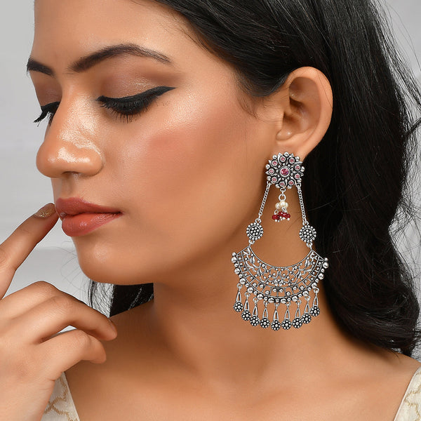 Women's Abharan Round Cut Pink Stones And Pearls Drop Earrings - Voylla