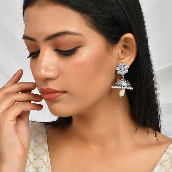 Women's Abharan Teardrop Cut White And Pearls Floral Jhumka Earrings - Voylla