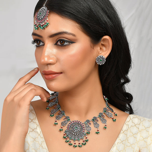 Women's Abharan Green And Red Stones And Pearls Opulent Jewellery Set - Voylla