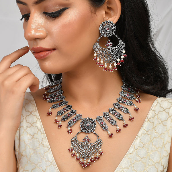 Women's Abharan White And Red Stones And Pearls Opulent Jewellery Set - Voylla