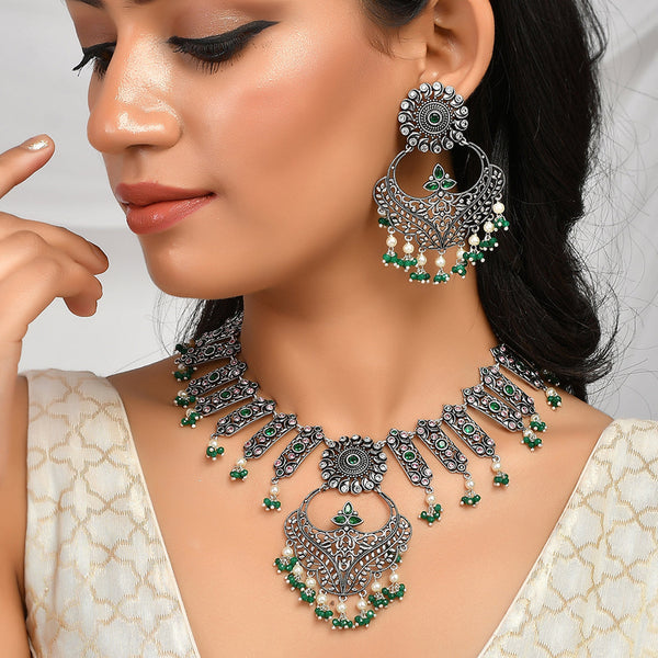 Women's Abharan Ethnic White Pearls And Green Stones Jewellery Set - Voylla