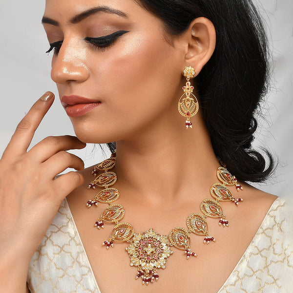 Women's Abharan Filigree Pearls And Stones Embellished Jewellery Set - Voylla