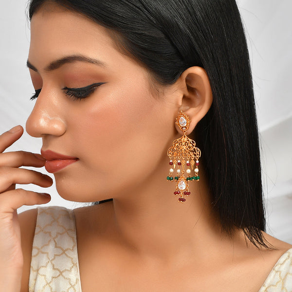 Women's Abharan White Stones And Pearls Filigree Drop Earrings - Voylla