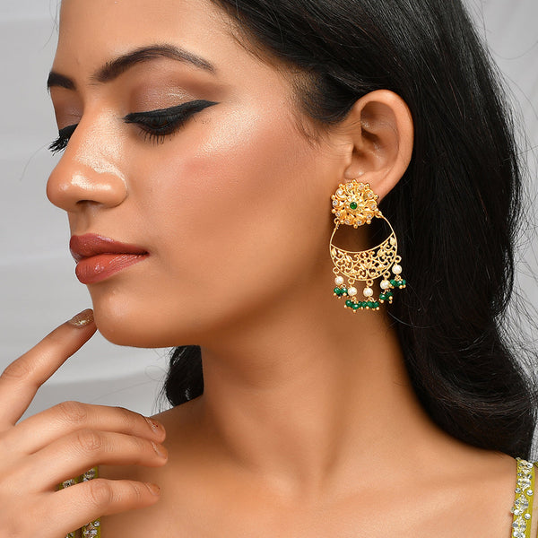 Women's Abharan Gold Plated Filigree Green Stone Earrings - Voylla