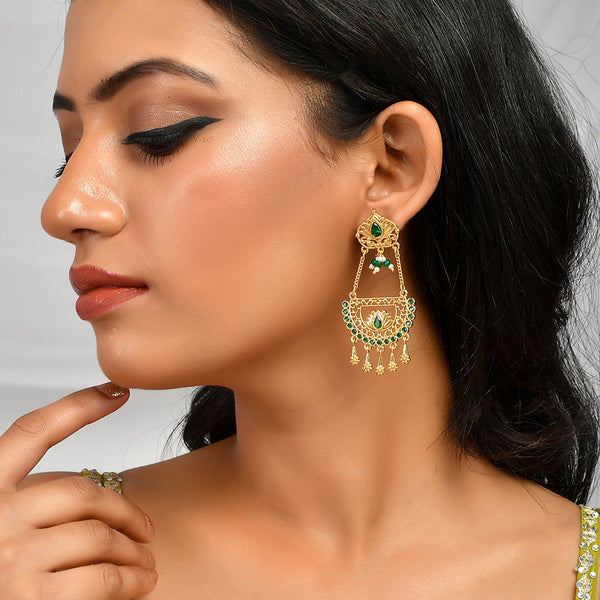 Women's Abharan Floral Green Stones And Pearls Ethnic Drop Earrings - Voylla