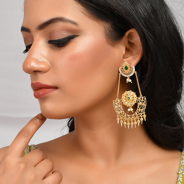 Women's Abharan Green Stones And Pearls Opulent Drop Earrings - Voylla