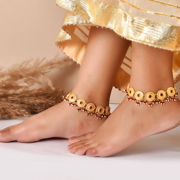 Women's Abharan Gold Plated Red Stones And Pearls Anklets - Voylla