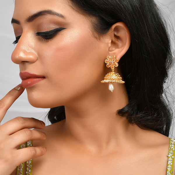 Women's Abharan White Stones And Pearls Floral Jhumka Earrings - Voylla