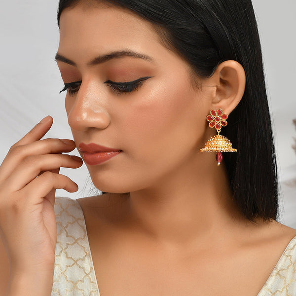 Women's Abharan Red Stones And Pearls Floral Jhumka Earrings - Voylla