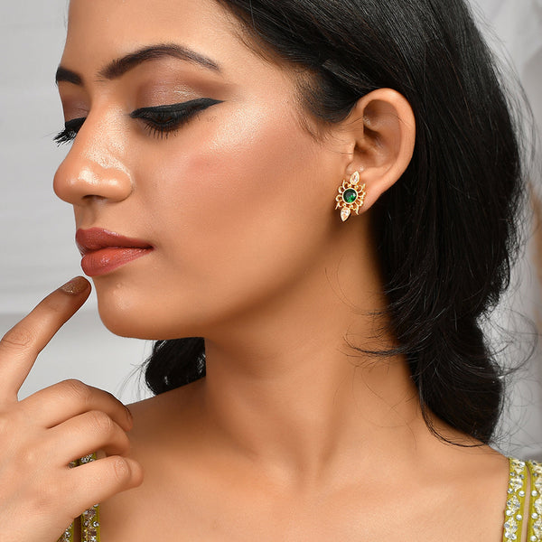 Women's Abharan Green Stone Adorned Stud Earrings - Voylla