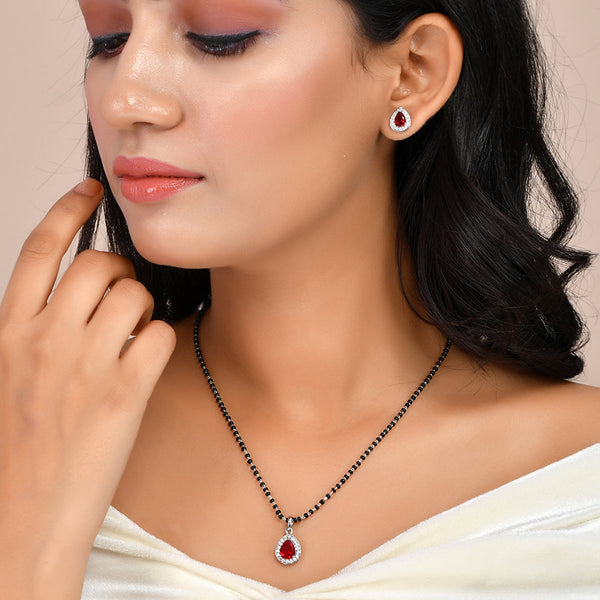 Women's Sparkling Essential Red Cz Studded Teardrop Shaped Silver Managaltura - Voylla