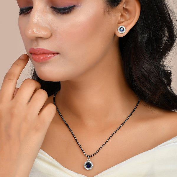 Women's Sparkling Essesntials Blue Round Stone Silver Mangalsutra Set - Voylla