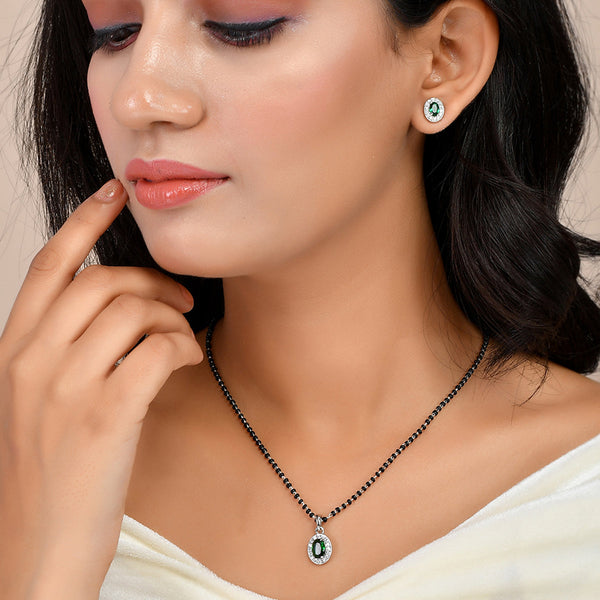 Women's Sparkling Essentials Green Oval Silver Mangalsutra Set - Voylla