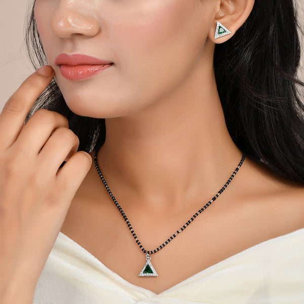 Women's Sparkling Essentials Green Triangular Silver Mangalsutra Set - Voylla