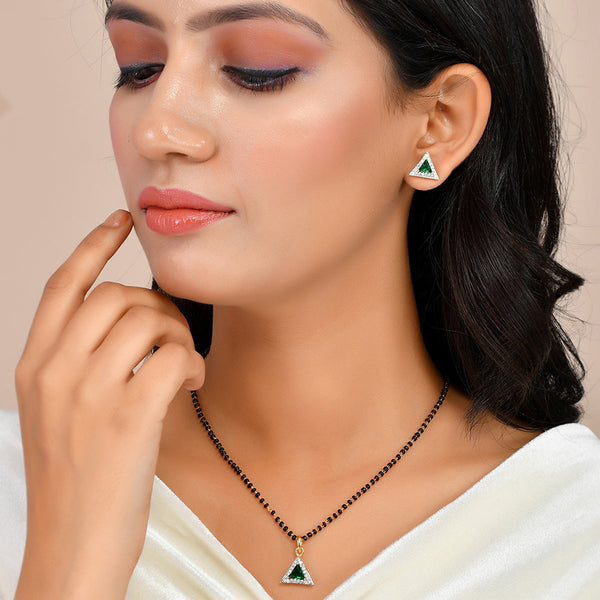 Women's Sparkling Essentials Green Triangular Gold Plated Mangalsutra Set - Voylla