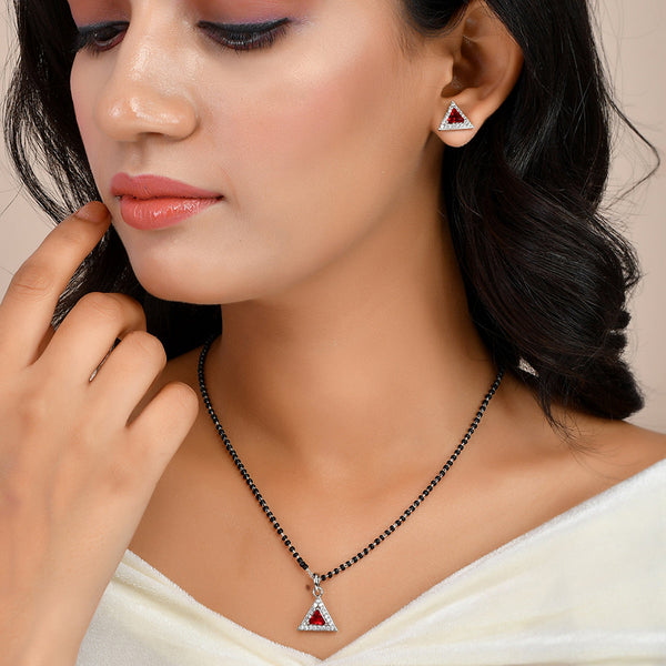 Women's Sparkling Essentials Red Triangular Silver Mangalsutra Set - Voylla