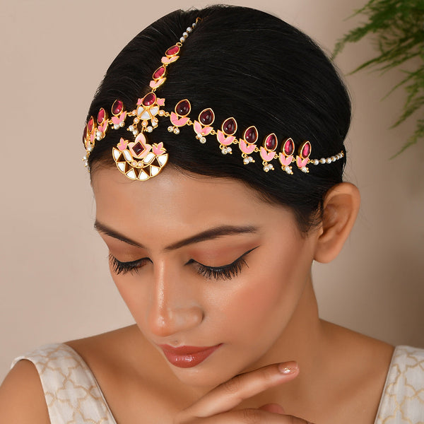 Women's Forever More Pink Stones And Pearls Enamelled Floral Maang Tika - Voylla