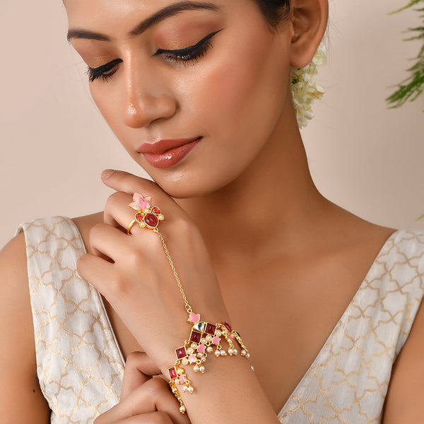 Women's Forever More Pink Stones And Pearls Enamelled Floral Hath Phool - Voylla