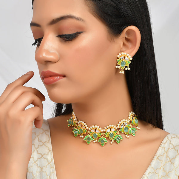 Women's Forever More Green Stones And Pearls Enamelled Jewellery Set - Voylla