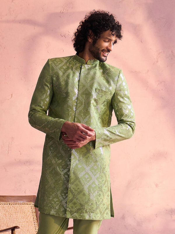 Jashvi Men's Mint Green Sequin worked Indo Only Top