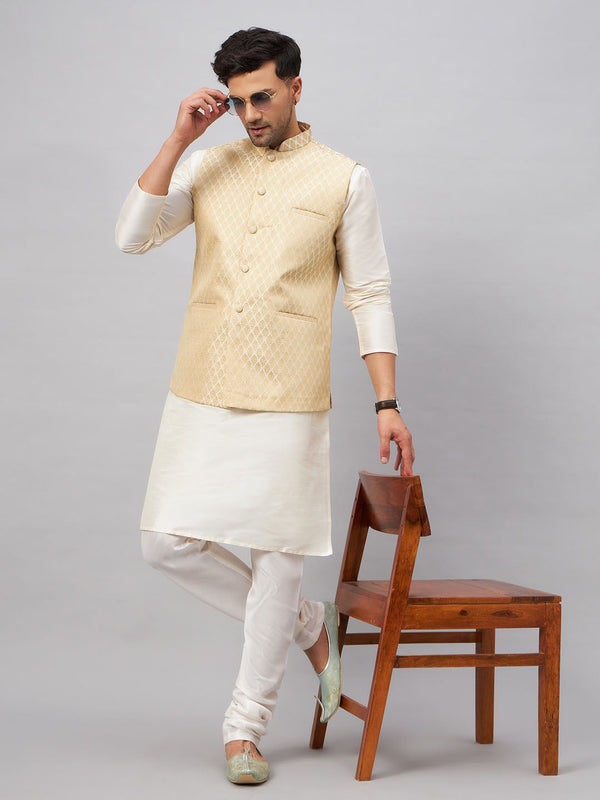 Jashvi Men's Cream Silk Blend Jacket with Kurta Pyjama Set