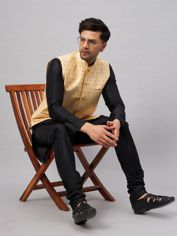 Jashvi Men's Gold Zari Weaved Jacket With Kurta Pyjama Set