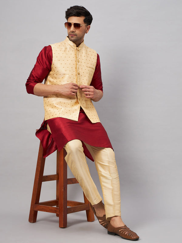 Jashvi Men's Gold Zari Weaved Jacket With Kurta Pant Set