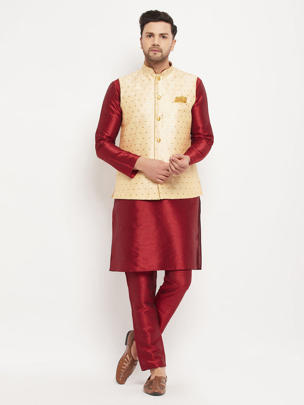 Jashvi Men's Gold Zari Weaved Jacket With Kurta Pant Set